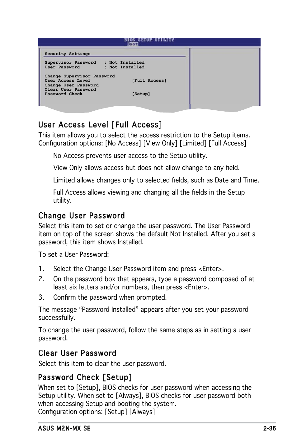 User access level [full access, Change user password, Clear user password | Password check [setup | Asus M2N-MX SE User Manual | Page 77 / 88