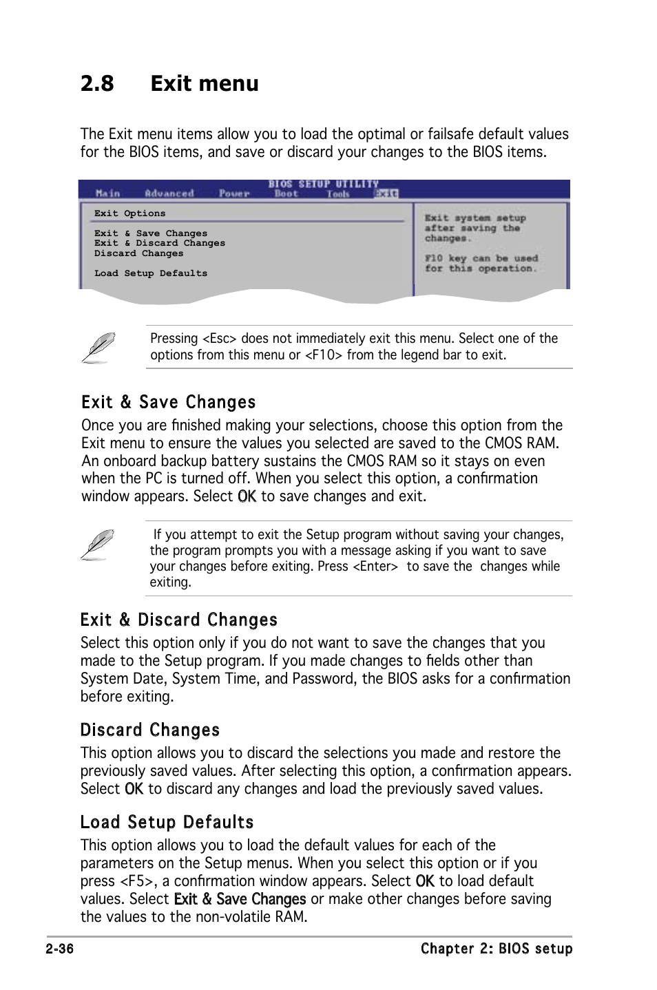 8 exit menu, Exit & discard changes, Discard changes | Load setup defaults, Exit & save changes | Asus M2N-MX SE User Manual | Page 78 / 88