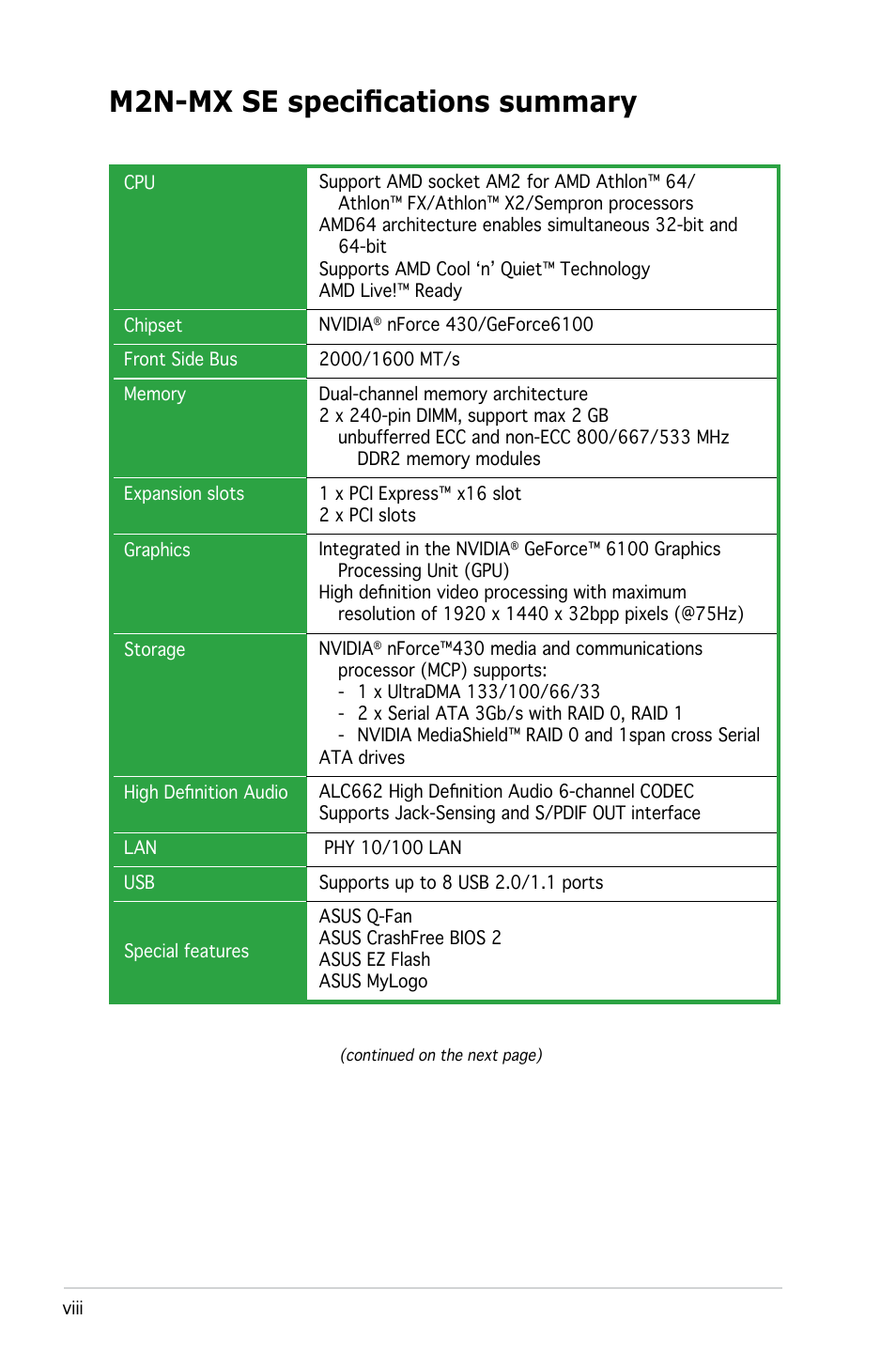 M2n-mx se specifications summary | Asus M2N-MX SE User Manual | Page 8 / 88