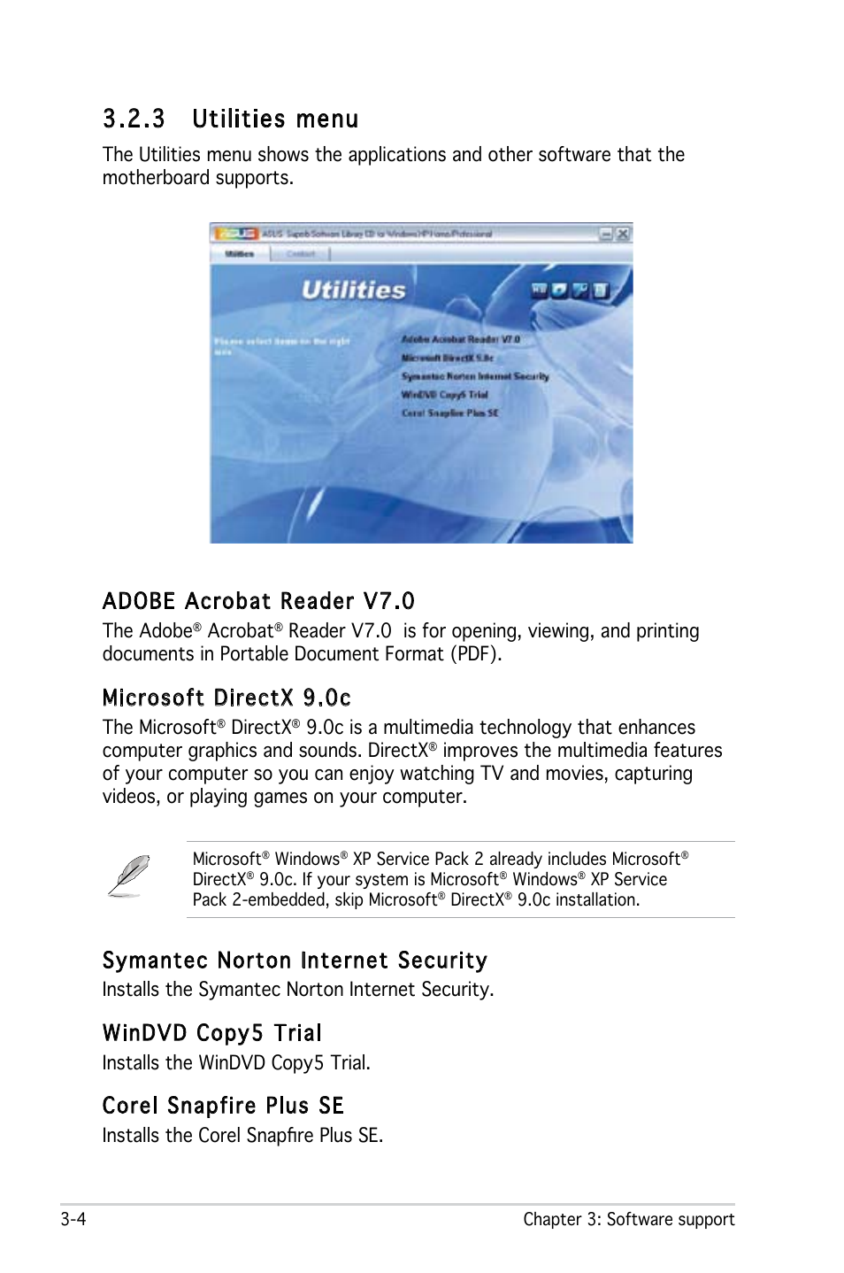 3 utilities menu, Adobe acrobat reader v7.0, Microsoft directx 9.0c | Symantec norton internet security, Windvd copy5 trial, Corel snapfire plus se | Asus M2N-MX SE User Manual | Page 82 / 88