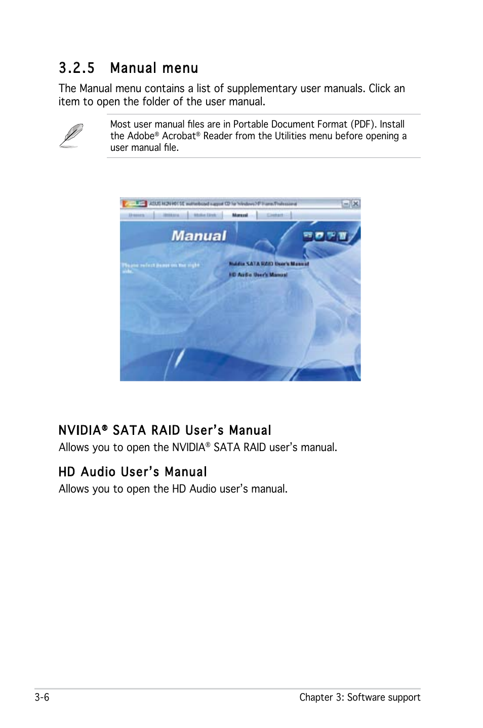 5 manual menu, Nvidia, Sata raid user’s manual | Hd audio user’s manual | Asus M2N-MX SE User Manual | Page 84 / 88