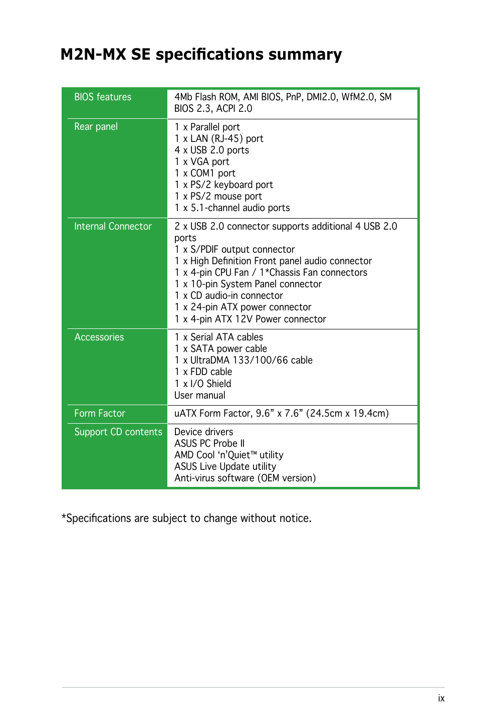 M2n-mx se specifications summary | Asus M2N-MX SE User Manual | Page 9 / 88