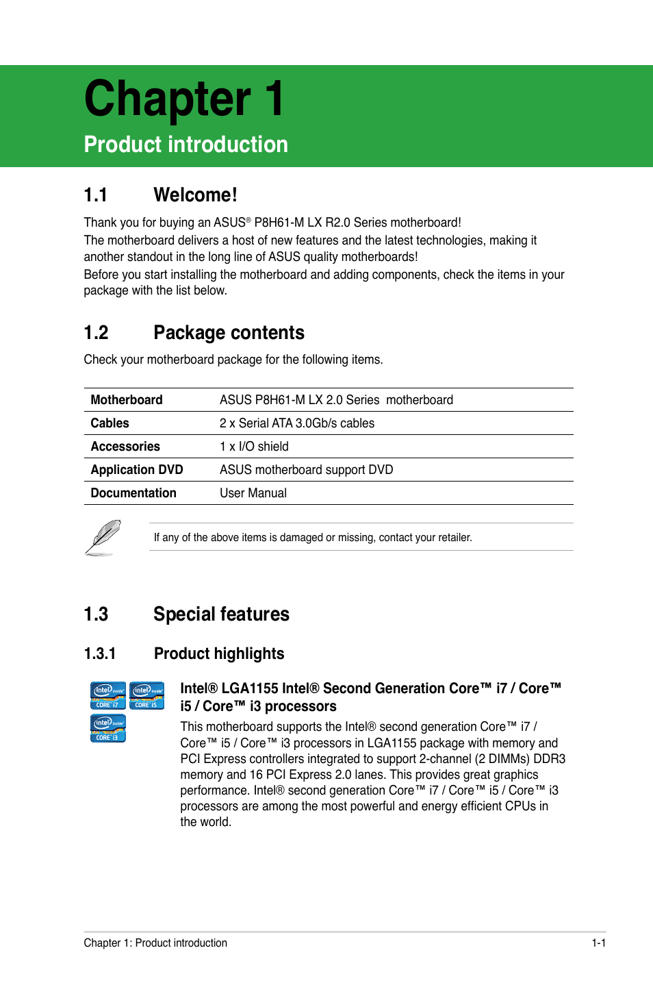 Chapter 1, Product introduction, 1 welcome | 2 package contents, 3 special features, 1 product highlights, Welcome! -1, Package contents -1, Special features -1 1.3.1, Product highlights -1 | Asus E7241 User Manual | Page 11 / 78