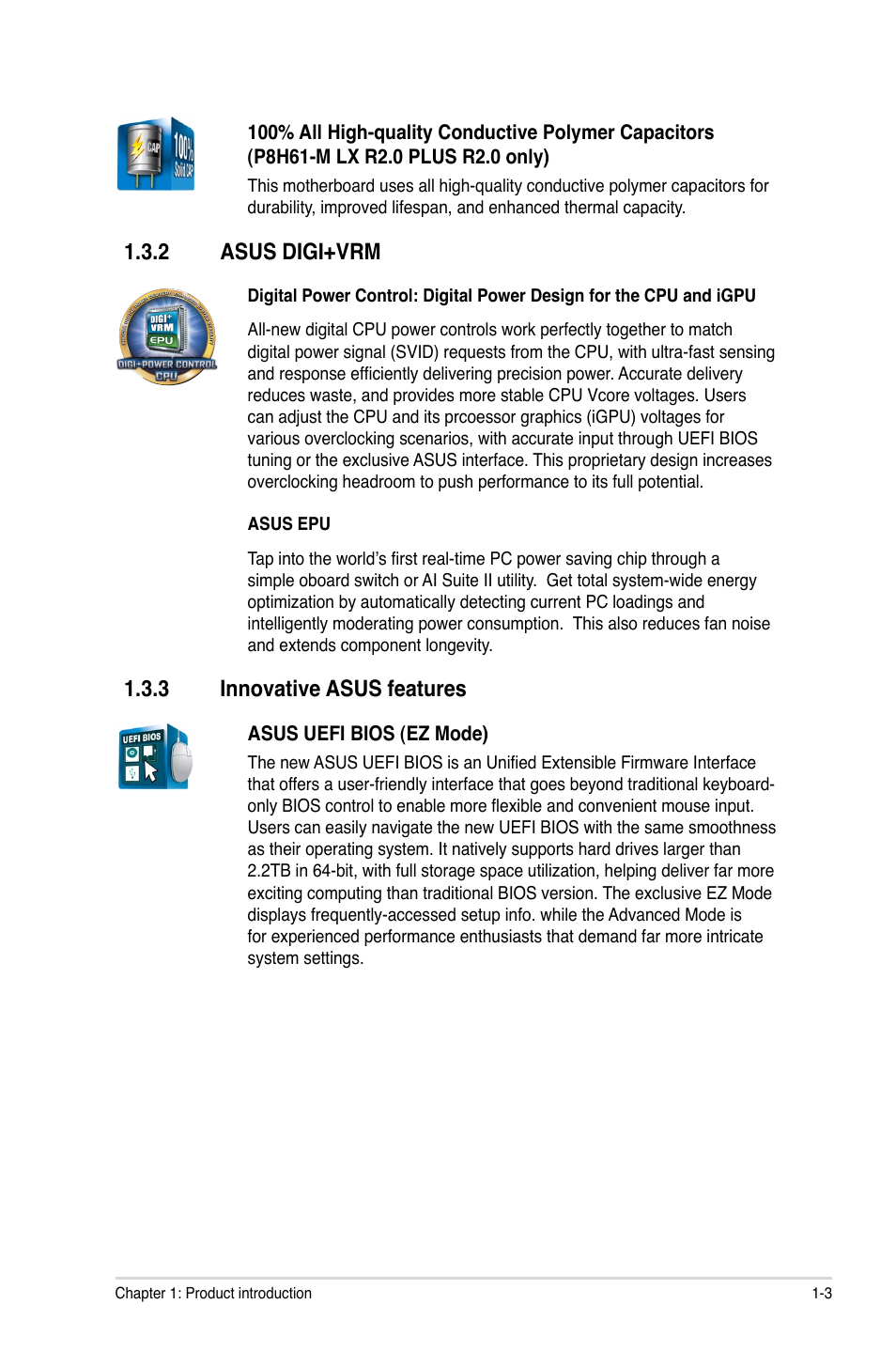 2 asus digi+vrm, 3 innovative asus features, Asus digi+vrm -3 | Innovative asus features -3 | Asus E7241 User Manual | Page 13 / 78