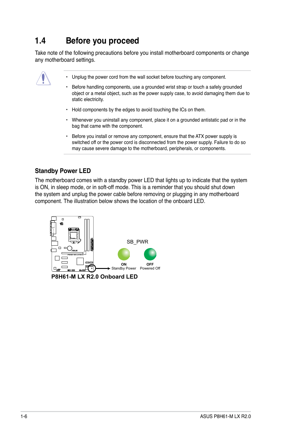 4 before you proceed, Before you proceed -6, Standby power led | Asus E7241 User Manual | Page 16 / 78