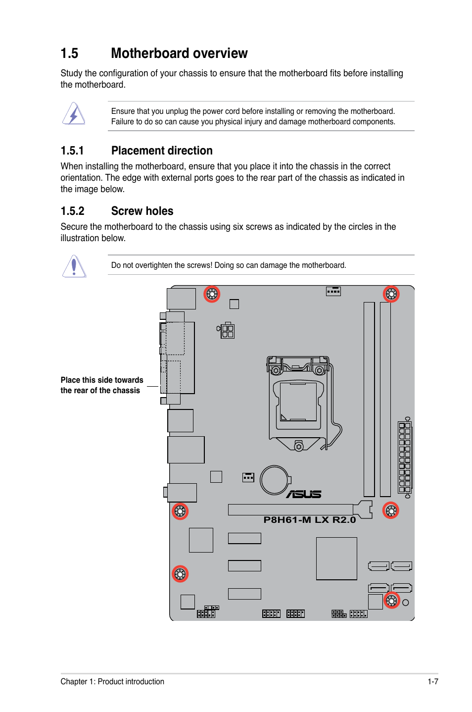 5 motherboard overview, 1 placement direction, 2 screw holes | Motherboard overview -7 1.5.1, Placement direction -7, Screw holes -7 | Asus E7241 User Manual | Page 17 / 78