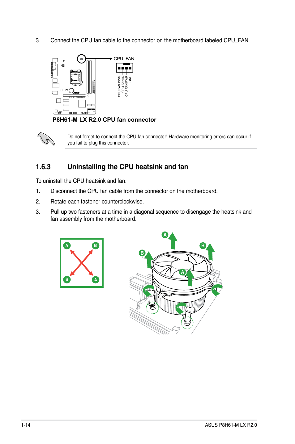 3 uninstalling the cpu heatsink and fan, Uninstalling the cpu heatsink and fan -14 | Asus E7241 User Manual | Page 24 / 78