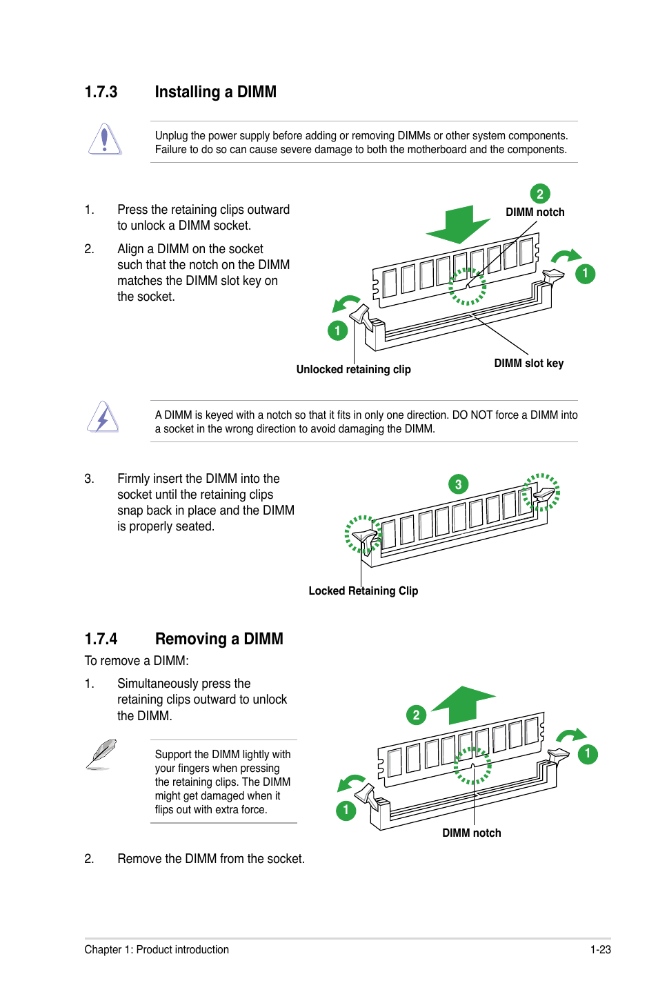 3 installing a dimm, 4 removing a dimm, Installing a dimm -23 | Removing a dimm -23 | Asus E7241 User Manual | Page 33 / 78