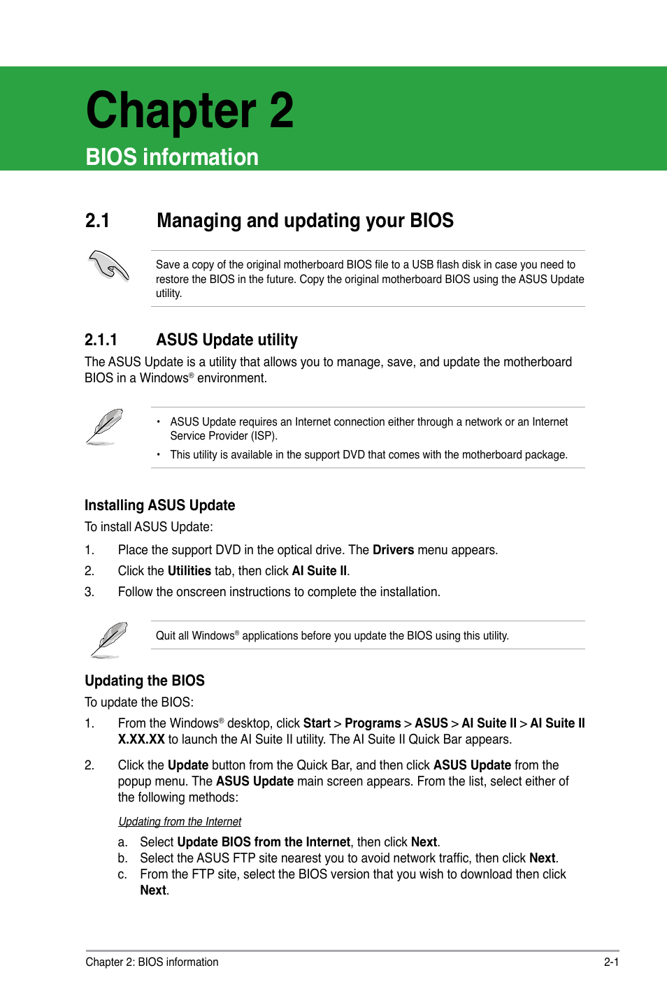 Chapter 2, Bios information, 1 managing and updating your bios | 1 asus update utility, Managing and updating your bios -1 2.1.1, Asus update utility -1 | Asus E7241 User Manual | Page 43 / 78