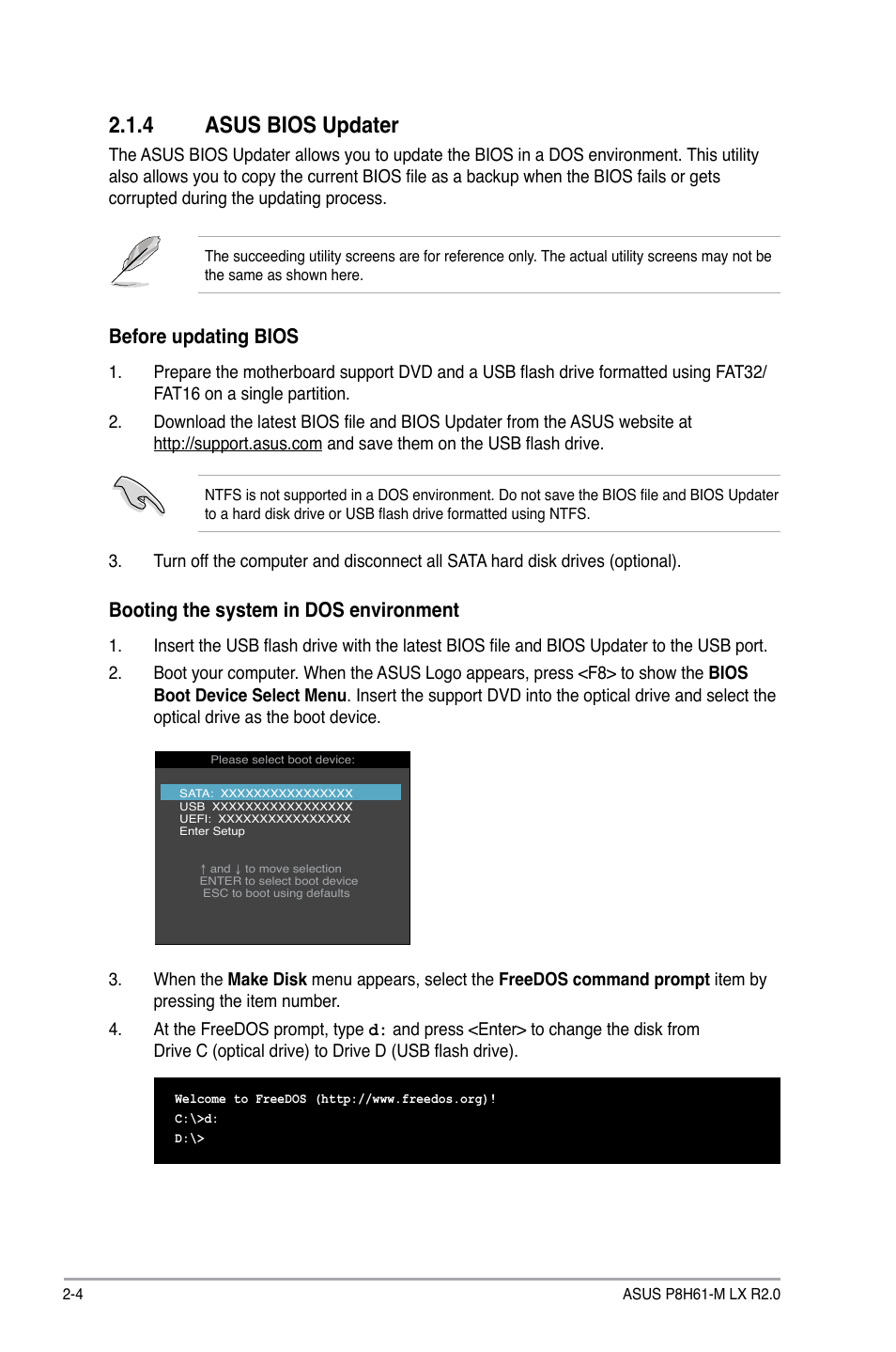 4 asus bios updater, Asus bios updater -4, Before updating bios | Booting the system in dos environment | Asus E7241 User Manual | Page 46 / 78