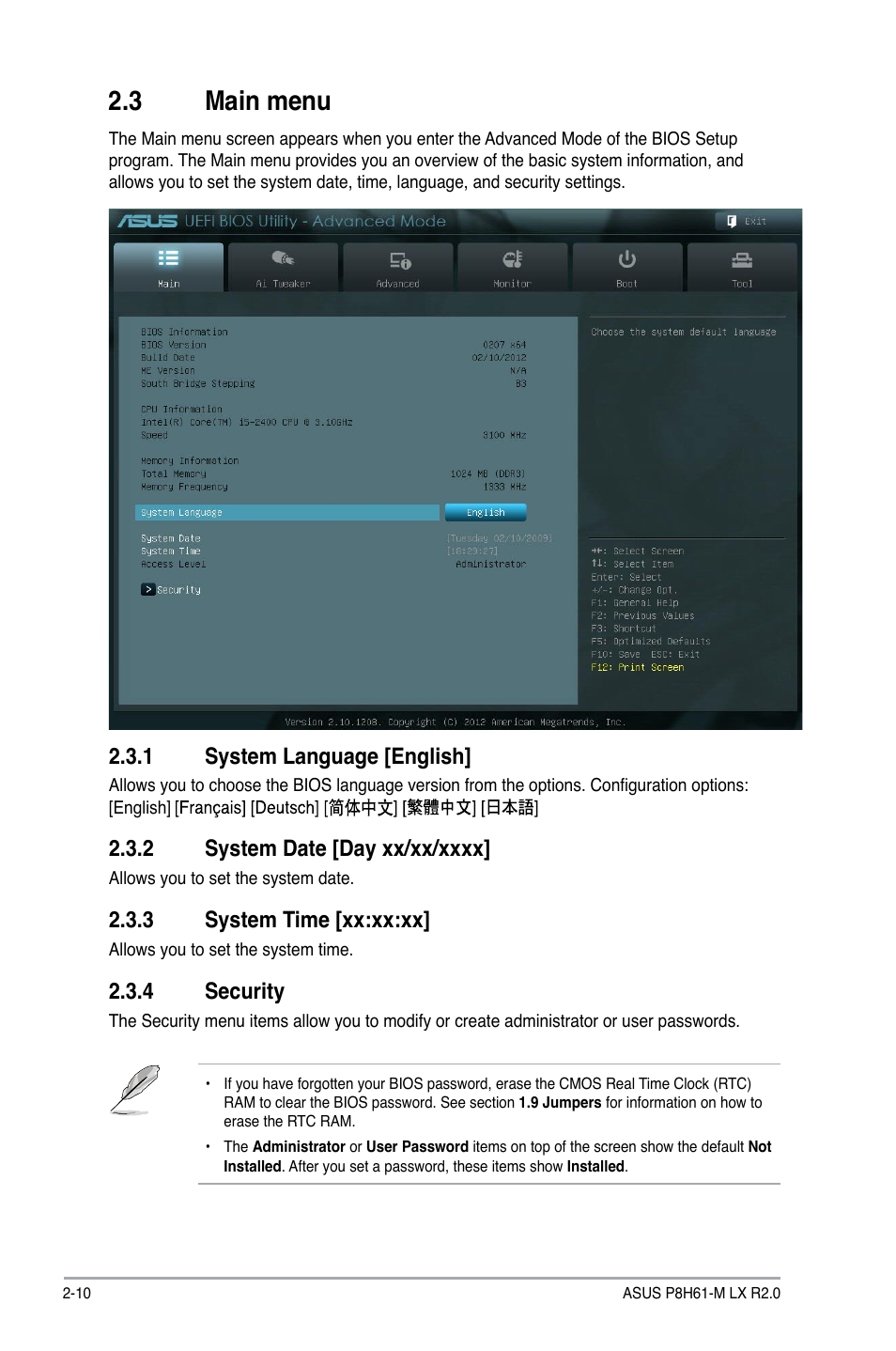 3 main menu, 1 system language [english, 2 system date [day xx/xx/xxxx | 3 system time [xx:xx:xx, 4 security, Main menu -10 2.3.1, System language [english] -10, System date [day xx/xx/xxxx] -10, System time [xx:xx:xx] -10, Security -10 | Asus E7241 User Manual | Page 52 / 78