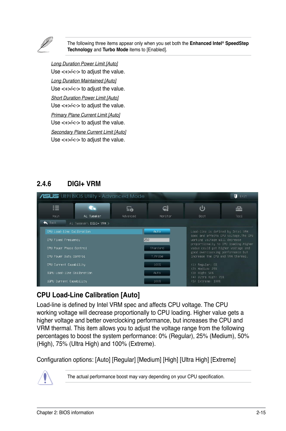 6 digi+ vrm, Digi+ vrm -15, Cpu load-line calibration [auto | Asus E7241 User Manual | Page 57 / 78