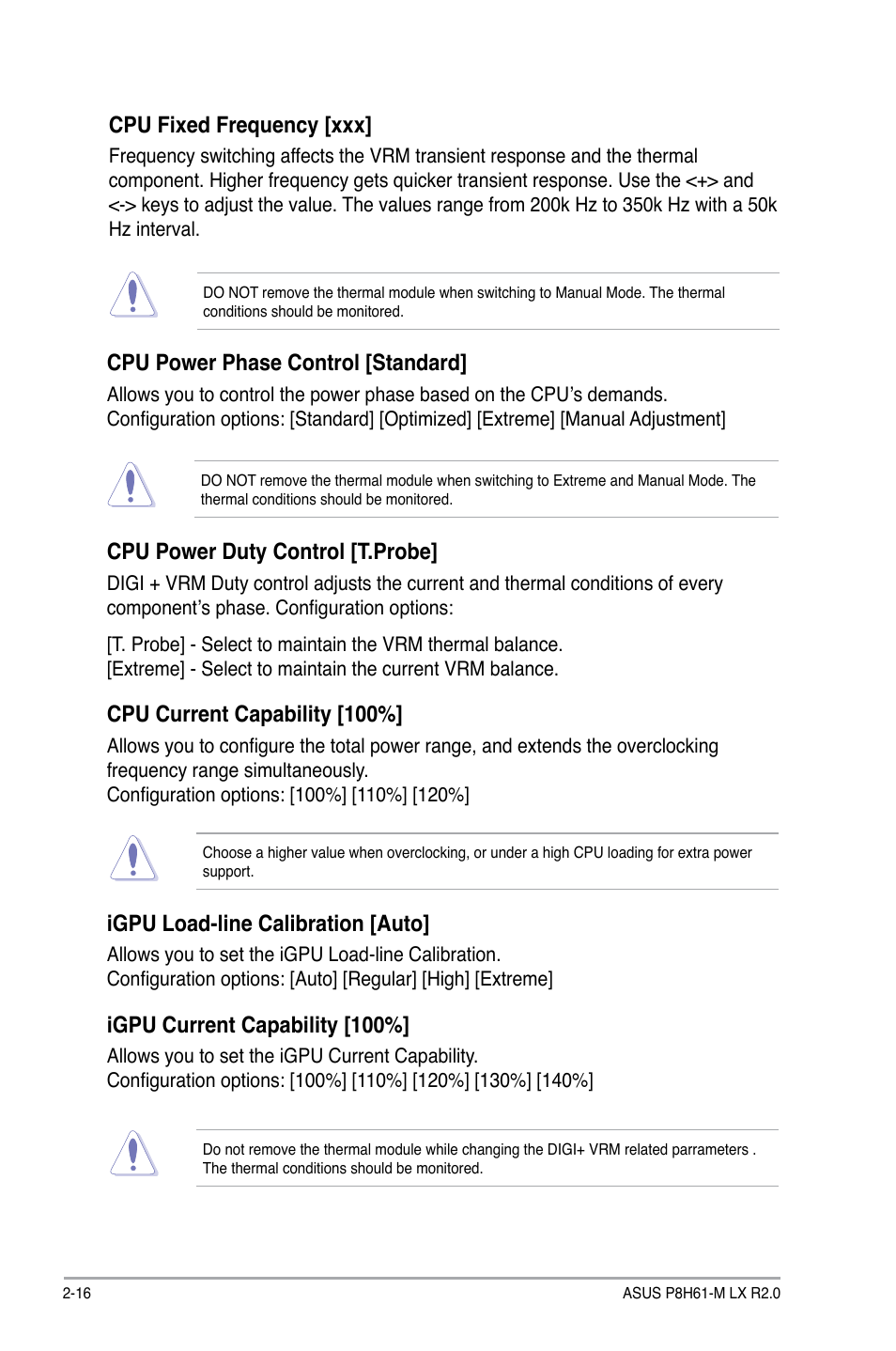 Igpu load-line calibration [auto, Igpu current capability [100, Cpu power duty control [t.probe | Cpu current capability [100, Cpu power phase control [standard, Cpu fixed frequency [xxx | Asus E7241 User Manual | Page 58 / 78