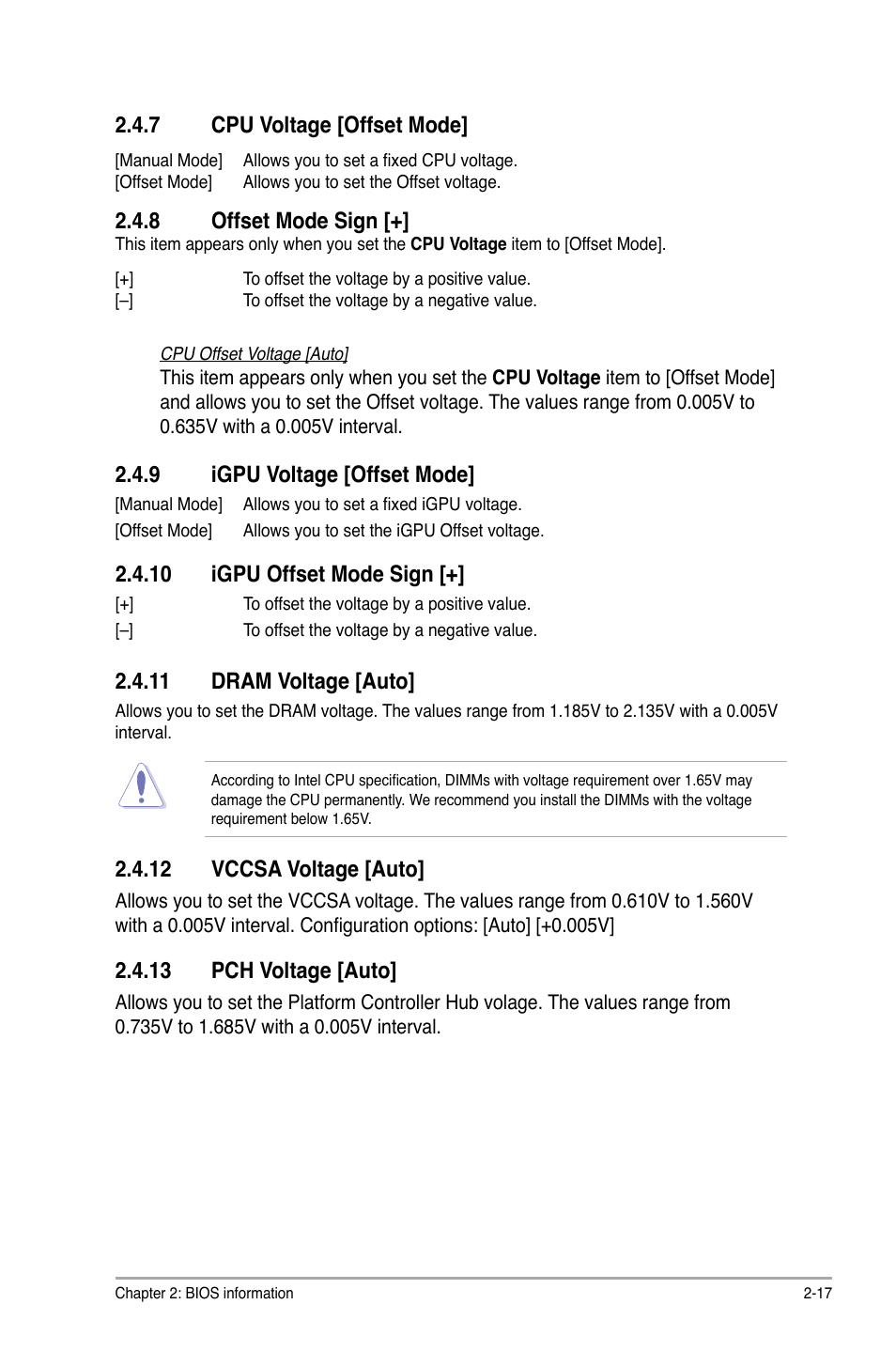 7 cpu voltage [offset mode, 8 offset mode sign, 9 igpu voltage [offset mode | 10 igpu offset mode sign, 11 dram voltage [auto, 12 vccsa voltage [auto, 13 pch voltage [auto, Cpu voltage [offset mode] -17, Offset mode sign [+] -17, Igpu voltage [offset mode] -17 | Asus E7241 User Manual | Page 59 / 78