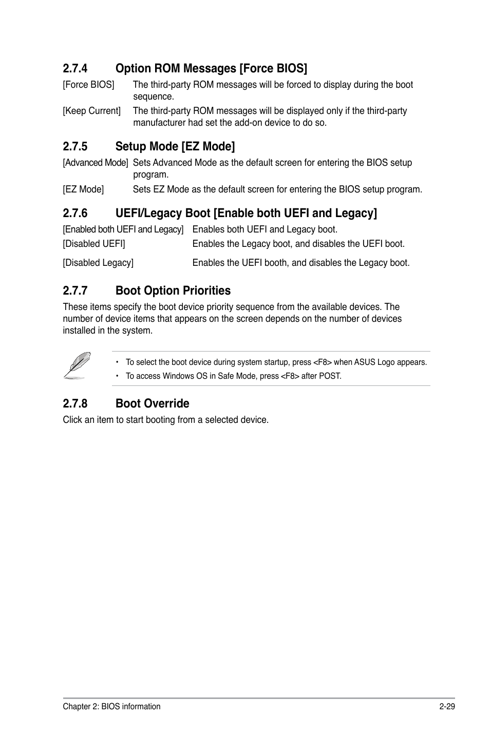 4 option rom messages [force bios, 5 setup mode [ez mode, 6 uefi/legacy boot [enable both uefi and legacy | 7 boot option priorities, 8 boot override, Option rom messages [force bios] -29, Setup mode [ez mode] -29, Uefi/legacy boot [enable both uefi and legacy] -29, Boot option priorities -29, Boot override -29 | Asus E7241 User Manual | Page 71 / 78
