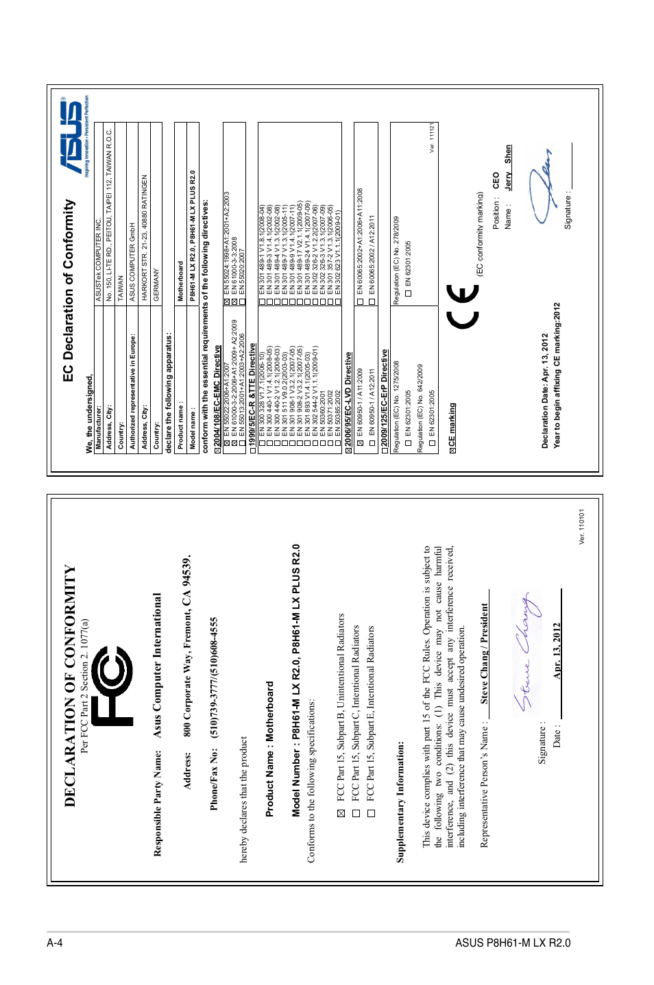 Declaration of conformity, Ec declaration of conformity, Asu s c om pu te r in te rn at io na l | Asus E7241 User Manual | Page 78 / 78