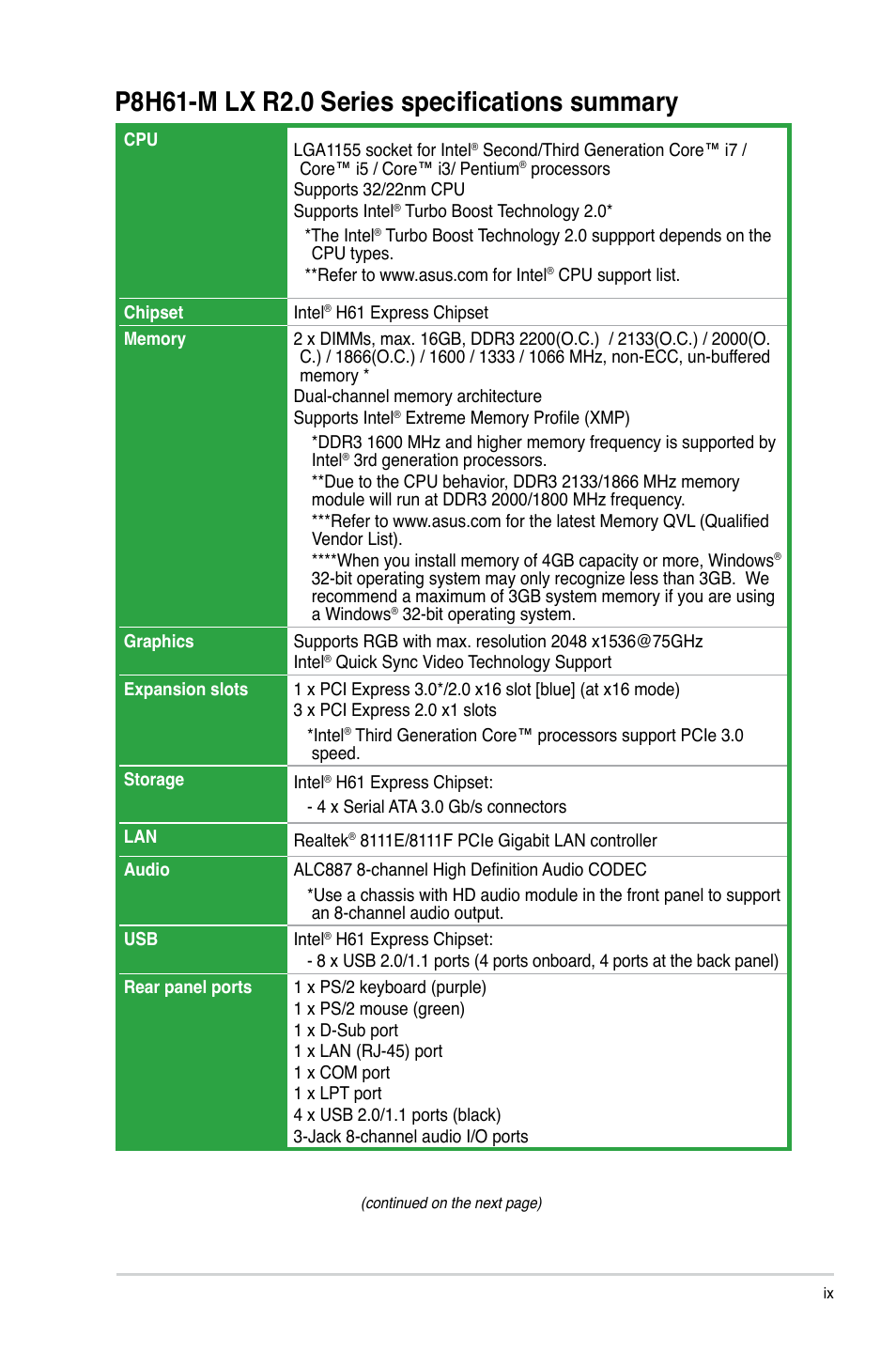 P8h61-m lx r2.0 series specifications summary | Asus E7241 User Manual | Page 9 / 78