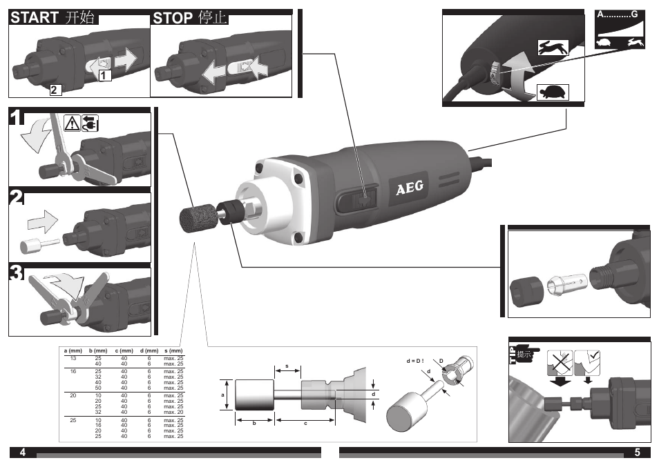 Start stop, A...........g | AEG GS 500 E User Manual | Page 3 / 7