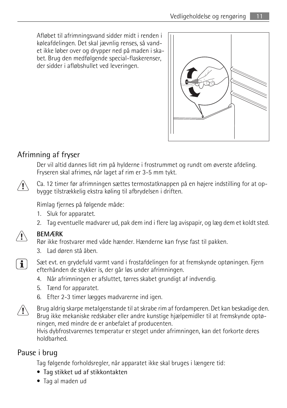 Afrimning af fryser, Pause i brug | AEG SKS68240F0 User Manual | Page 11 / 84