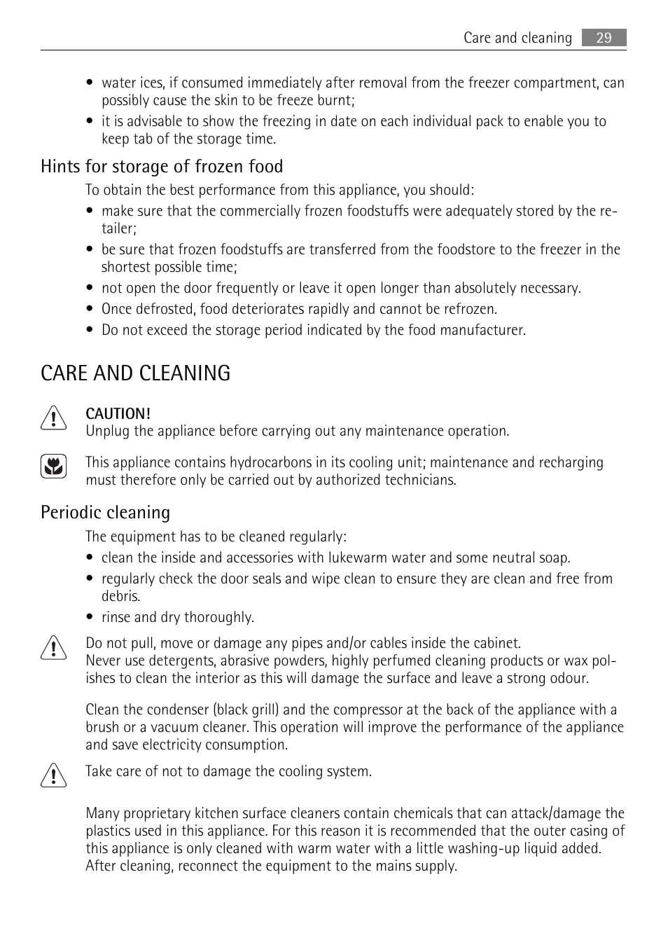 Care and cleaning, Hints for storage of frozen food, Periodic cleaning | AEG SKS68240F0 User Manual | Page 29 / 84