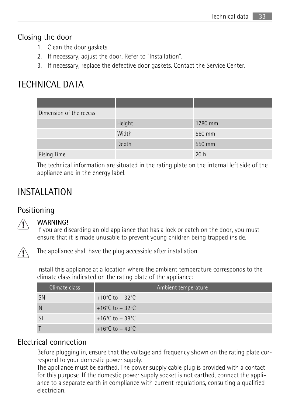 Technical data, Installation, Closing the door | Positioning, Electrical connection | AEG SKS68240F0 User Manual | Page 33 / 84