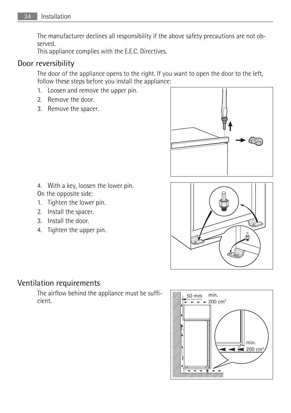 Door reversibility, Ventilation requirements | AEG SKS68240F0 User Manual | Page 34 / 84