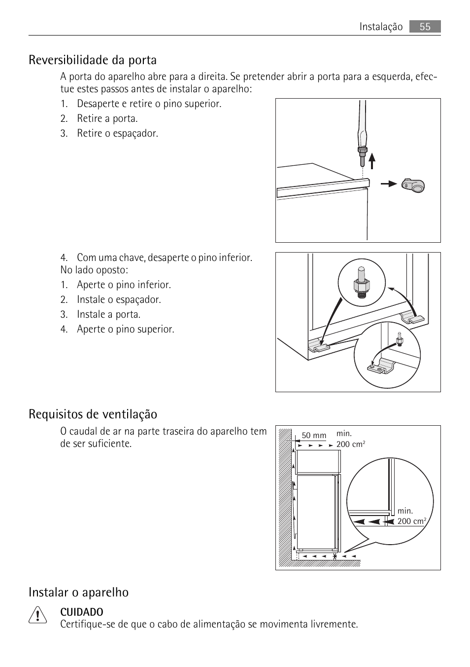 Reversibilidade da porta, Requisitos de ventilação, Instalar o aparelho | AEG SKS68240F0 User Manual | Page 55 / 84