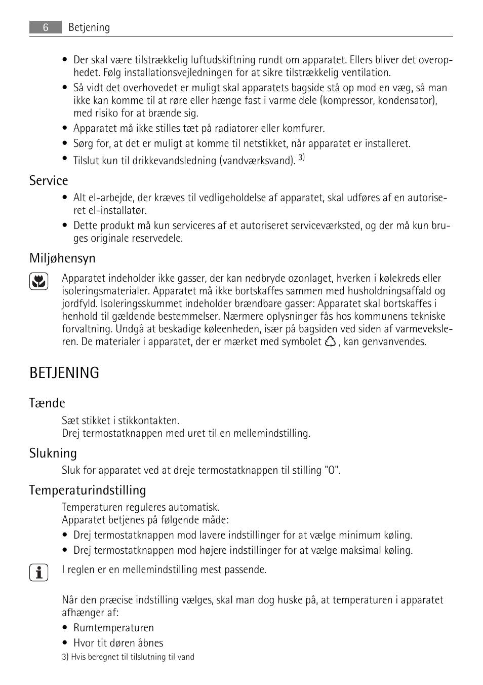 Betjening, Service, Miljøhensyn | Tænde, Slukning, Temperaturindstilling | AEG SKS68240F0 User Manual | Page 6 / 84