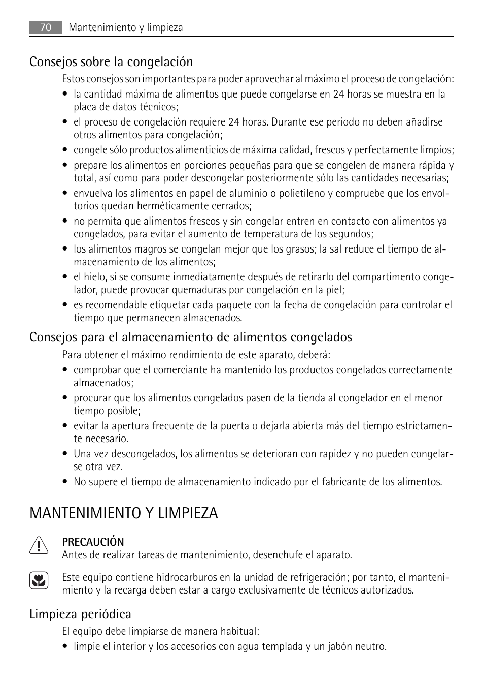 Mantenimiento y limpieza, Consejos sobre la congelación, Limpieza periódica | AEG SKS68240F0 User Manual | Page 70 / 84