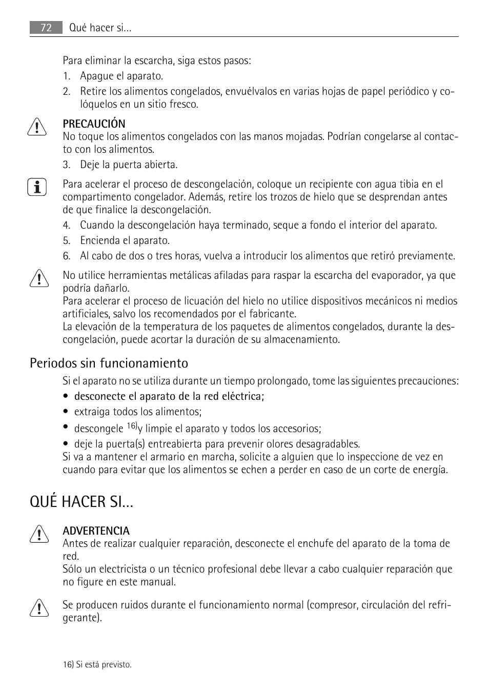 Qué hacer si, Periodos sin funcionamiento | AEG SKS68240F0 User Manual | Page 72 / 84