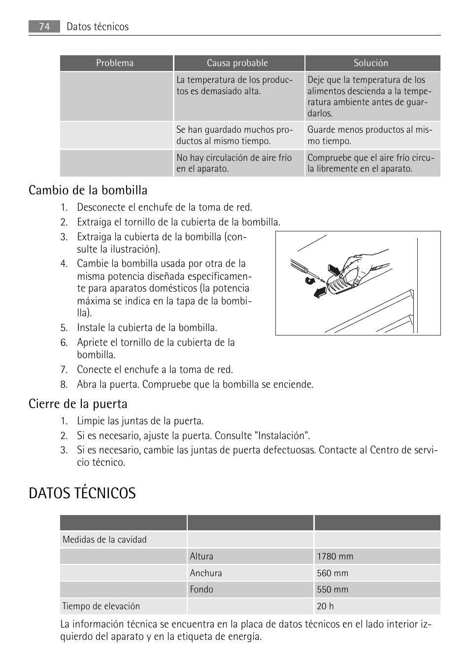 Datos técnicos, Cambio de la bombilla, Cierre de la puerta | AEG SKS68240F0 User Manual | Page 74 / 84