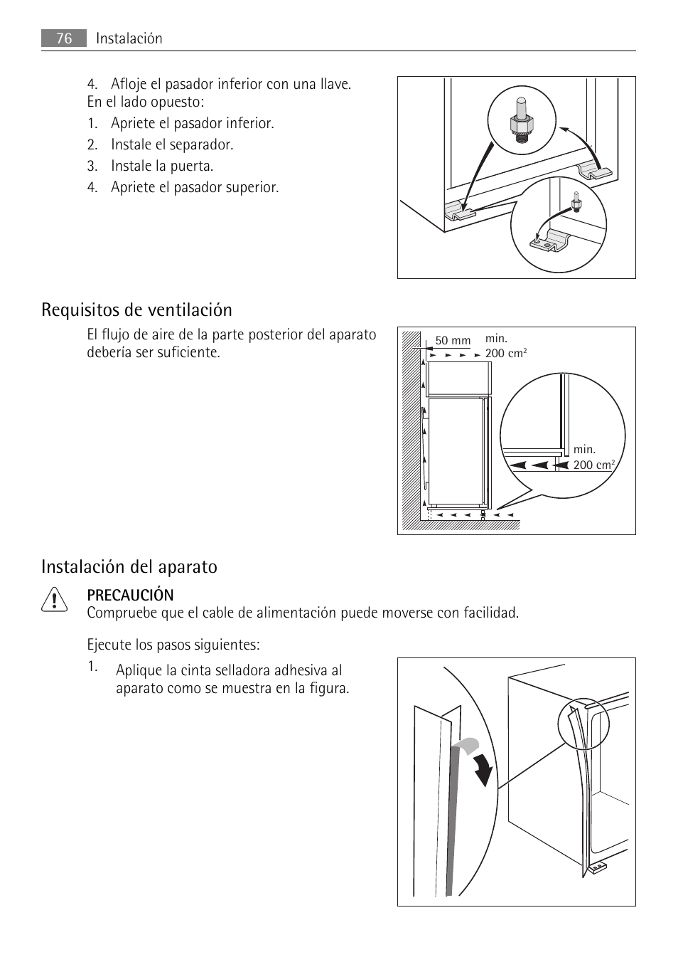 Requisitos de ventilación, Instalación del aparato | AEG SKS68240F0 User Manual | Page 76 / 84