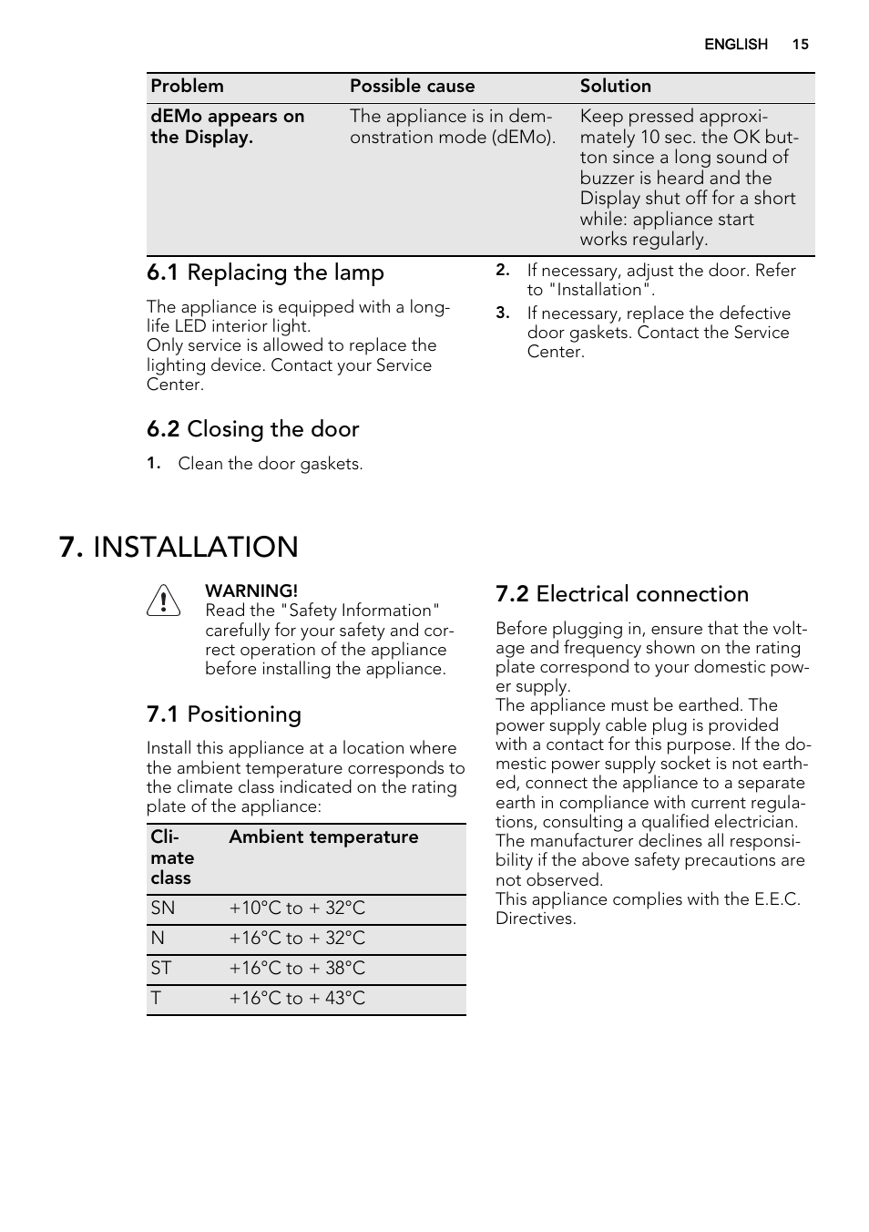 Installation, 1 replacing the lamp, 2 closing the door | 1 positioning, 2 electrical connection | AEG SCS81800C0 User Manual | Page 15 / 72