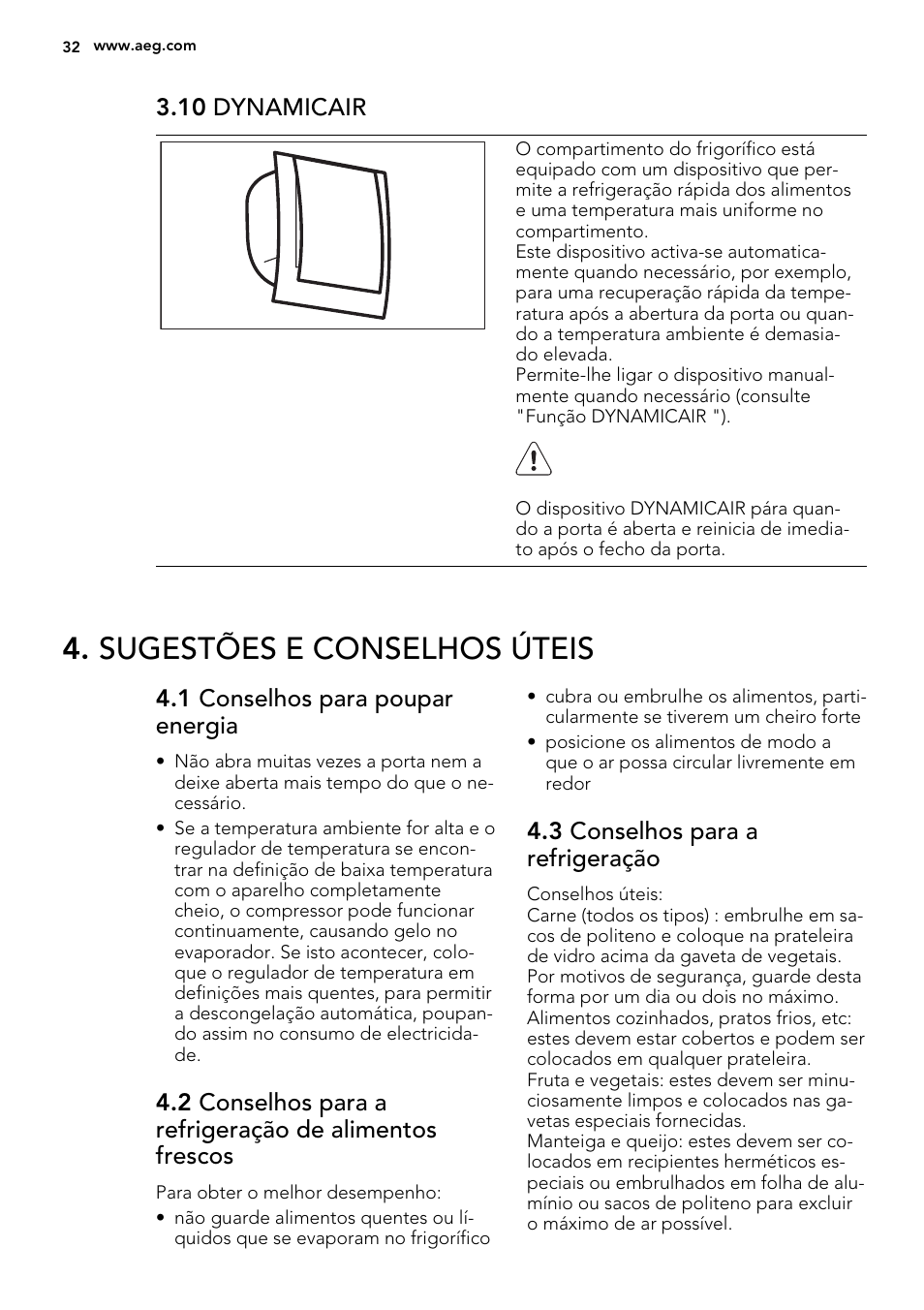 Sugestões e conselhos úteis, 10 dynamicair, 1 conselhos para poupar energia | 3 conselhos para a refrigeração | AEG SCS81800C0 User Manual | Page 32 / 72