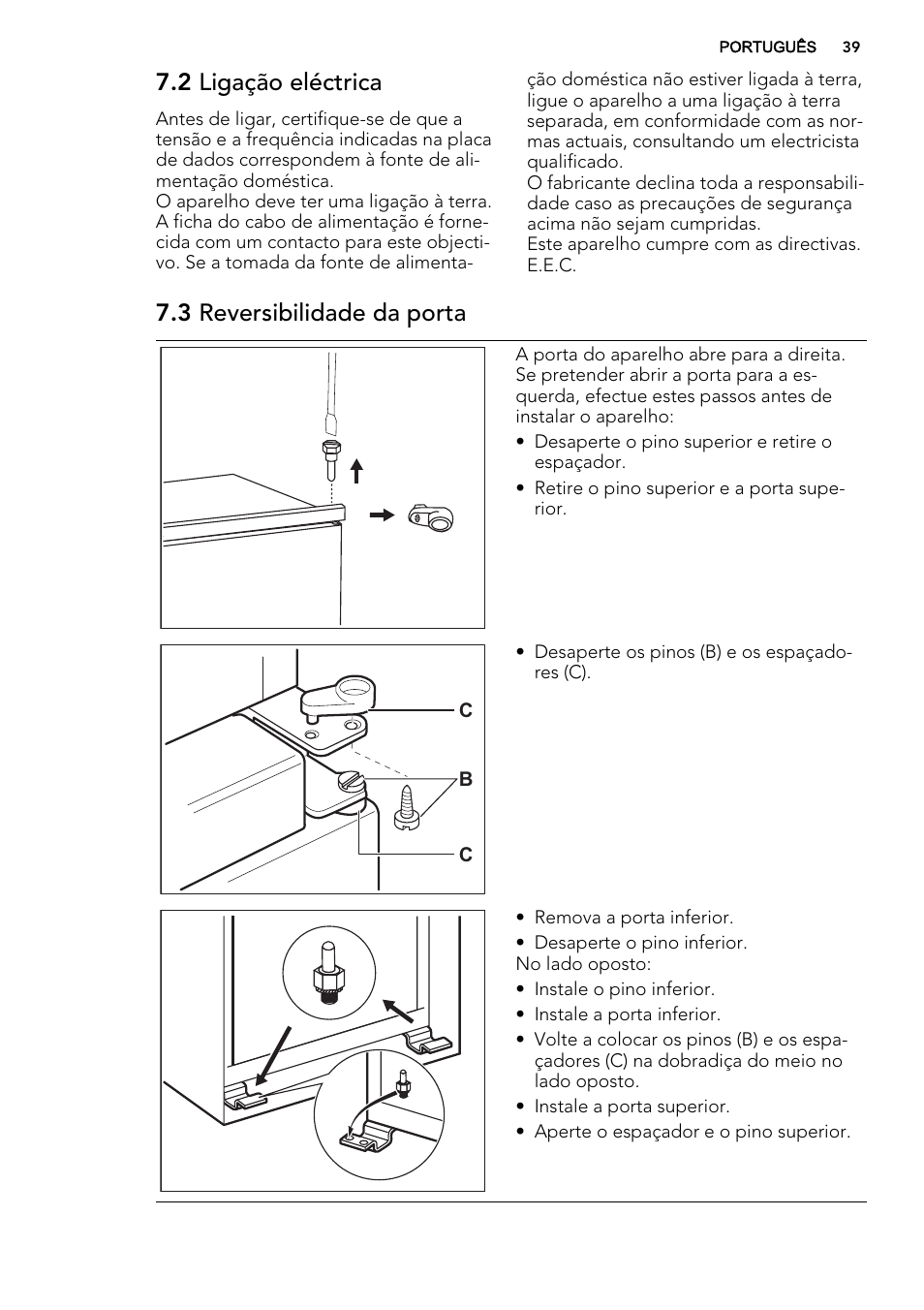 2 ligação eléctrica, 3 reversibilidade da porta | AEG SCS81800C0 User Manual | Page 39 / 72