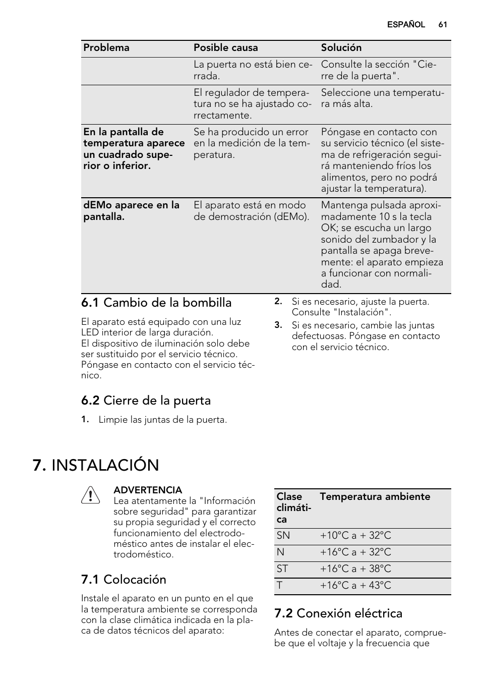 Instalación, 1 cambio de la bombilla, 2 cierre de la puerta | 1 colocación, 2 conexión eléctrica | AEG SCS81800C0 User Manual | Page 61 / 72