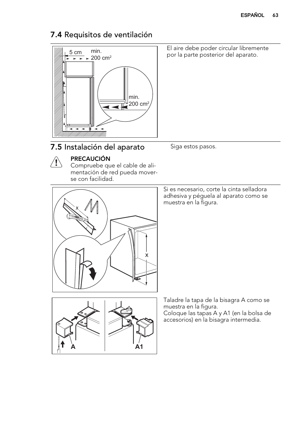 4 requisitos de ventilación, 5 instalación del aparato | AEG SCS81800C0 User Manual | Page 63 / 72