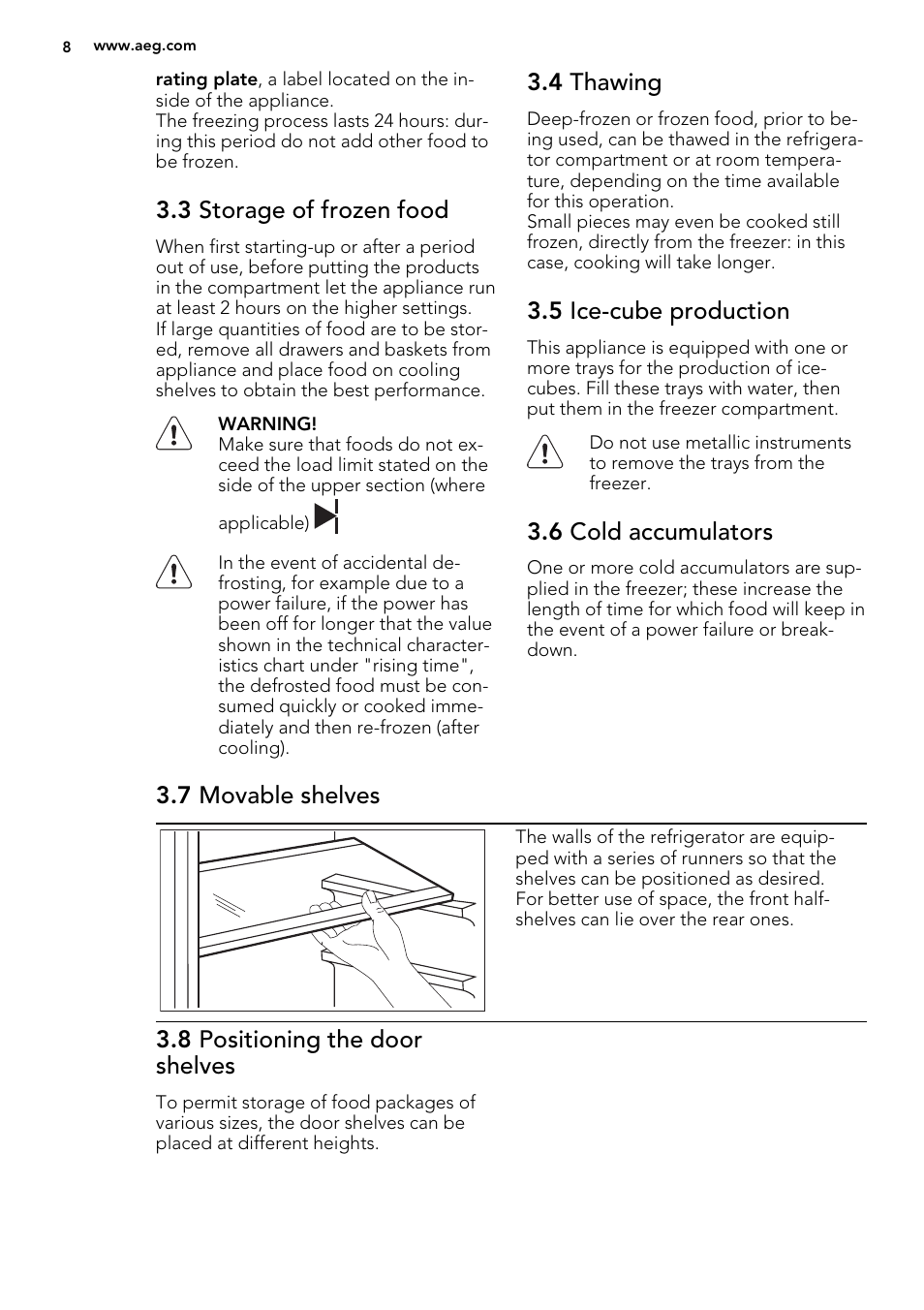 3 storage of frozen food, 4 thawing, 5 ice-cube production | 6 cold accumulators, 7 movable shelves, 8 positioning the door shelves | AEG SCS81800C0 User Manual | Page 8 / 72