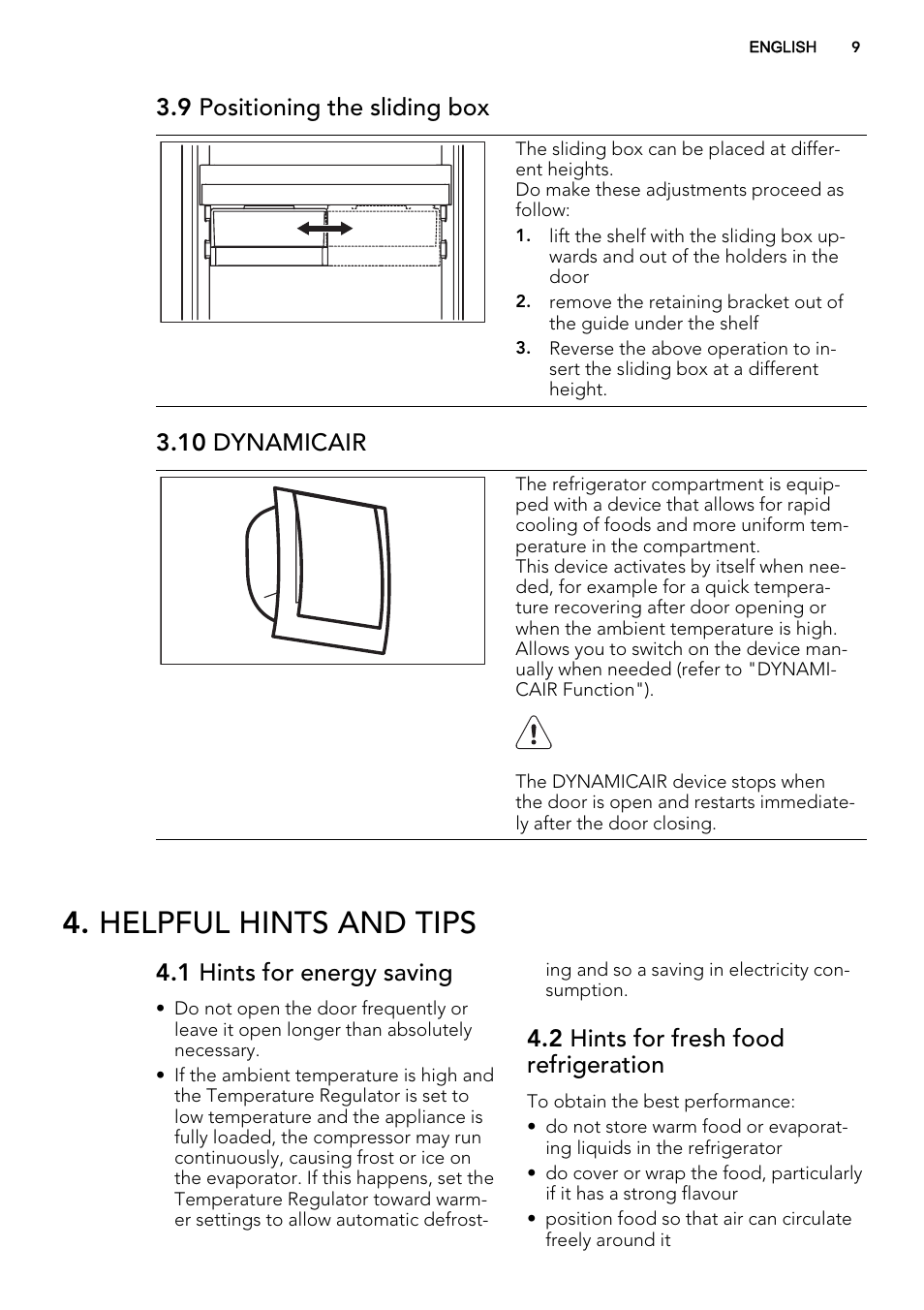 Helpful hints and tips, 9 positioning the sliding box, 10 dynamicair | 1 hints for energy saving, 2 hints for fresh food refrigeration | AEG SCS81800C0 User Manual | Page 9 / 72