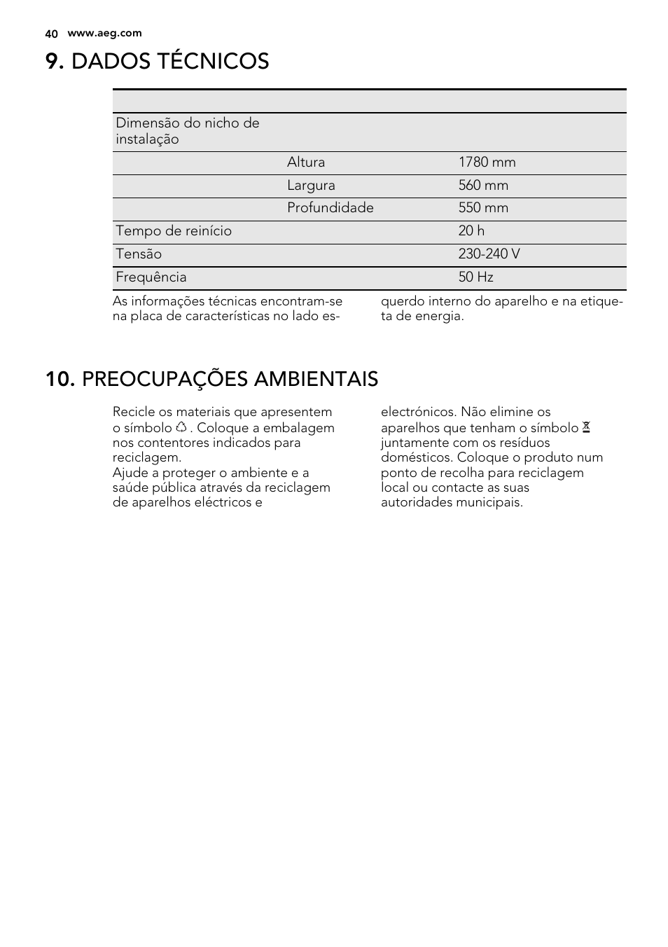 Dados técnicos, Preocupações ambientais | AEG SKS68240F0 User Manual | Page 40 / 64