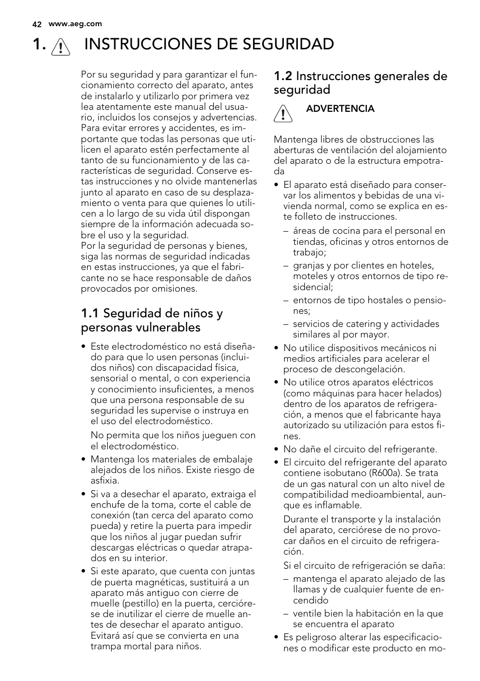 Instrucciones de seguridad, 1 seguridad de niños y personas vulnerables, 2 instrucciones generales de seguridad | AEG SKS68240F0 User Manual | Page 42 / 64