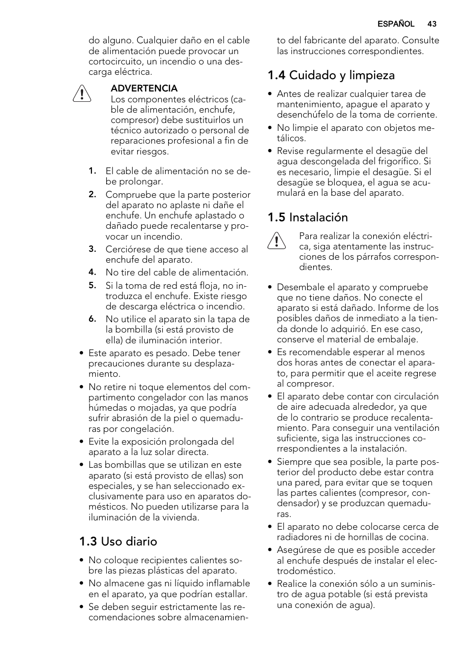 3 uso diario, 4 cuidado y limpieza, 5 instalación | AEG SKS68240F0 User Manual | Page 43 / 64