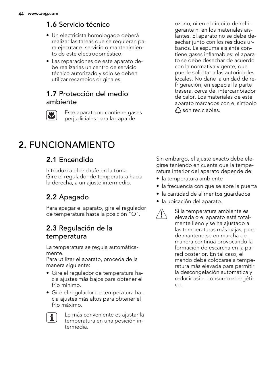 Funcionamiento, 6 servicio técnico, 7 protección del medio ambiente | 1 encendido, 2 apagado, 3 regulación de la temperatura | AEG SKS68240F0 User Manual | Page 44 / 64