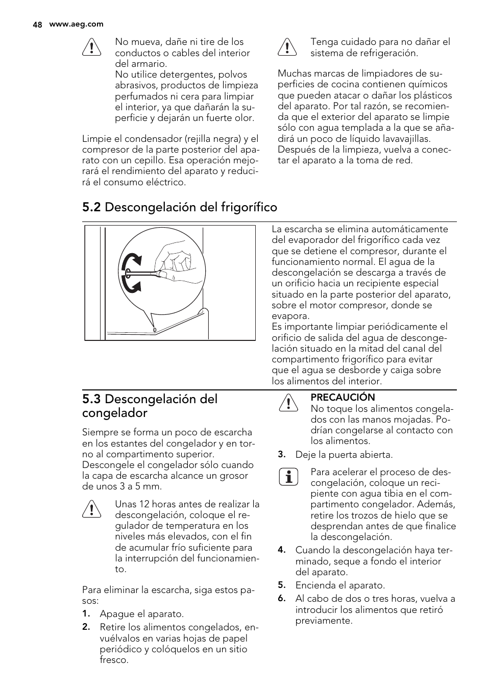 2 descongelación del frigorífico, 3 descongelación del congelador | AEG SKS68240F0 User Manual | Page 48 / 64