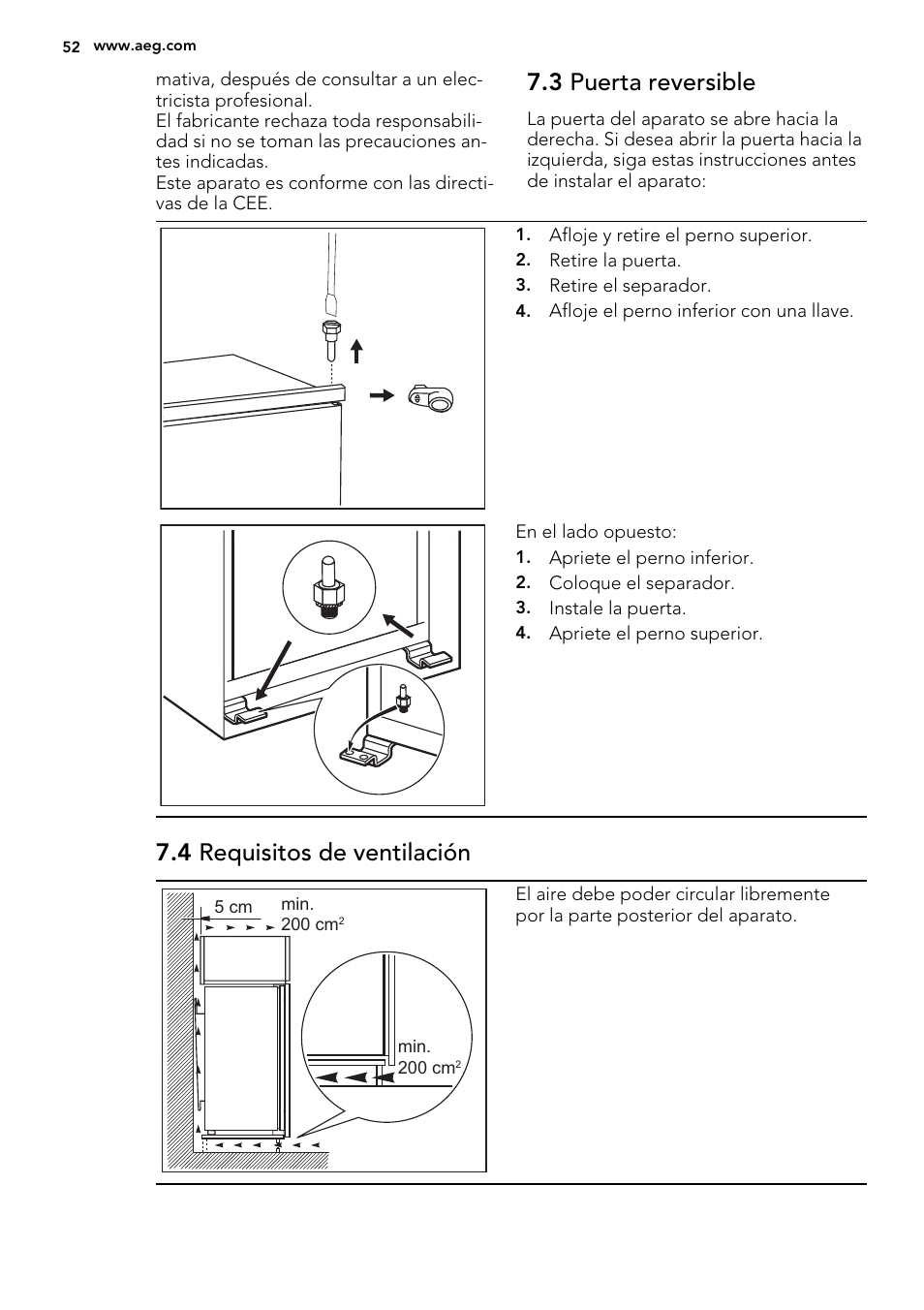 3 puerta reversible, 4 requisitos de ventilación | AEG SKS68240F0 User Manual | Page 52 / 64