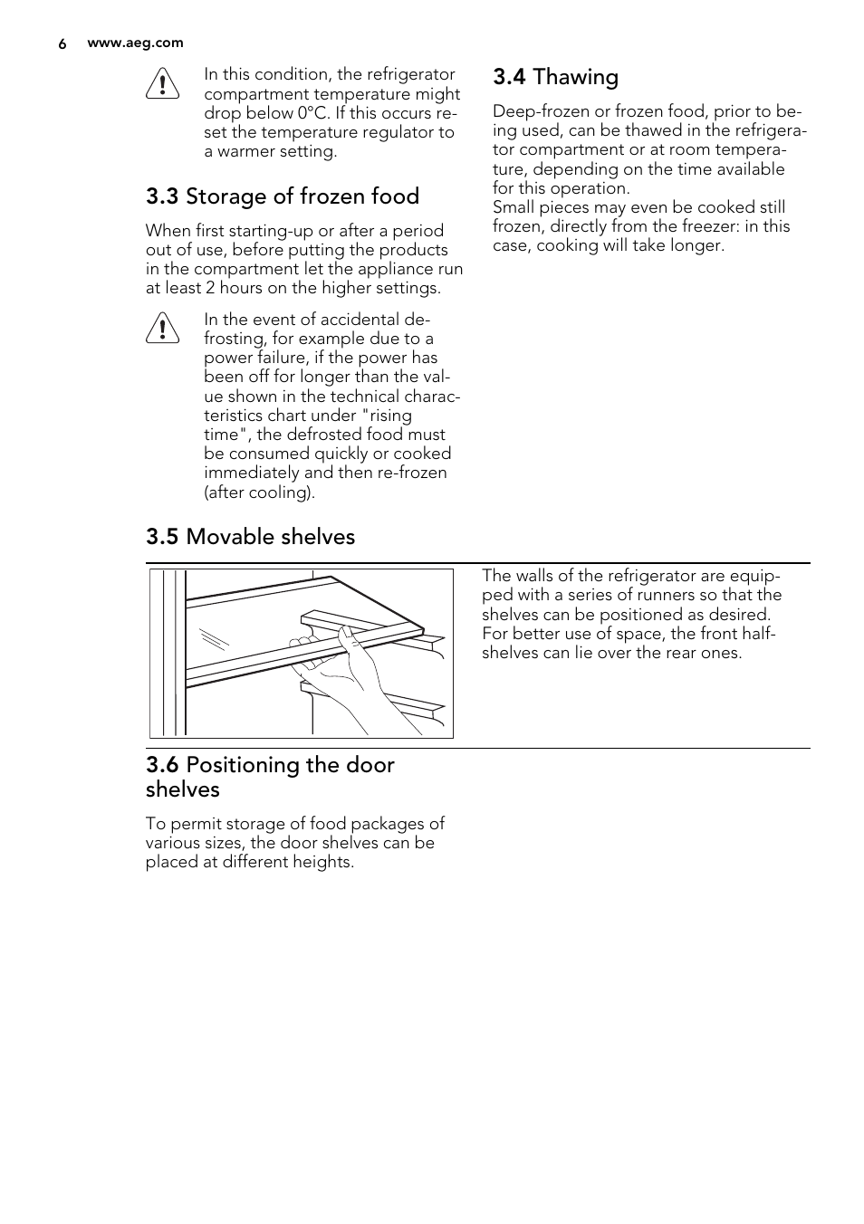 3 storage of frozen food, 4 thawing, 5 movable shelves | 6 positioning the door shelves | AEG SKS68240F0 User Manual | Page 6 / 64