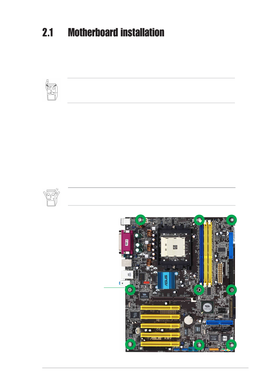 1 motherboard installation, 1 placement direction, 2 screw holes | Asus K8V User Manual | Page 27 / 144