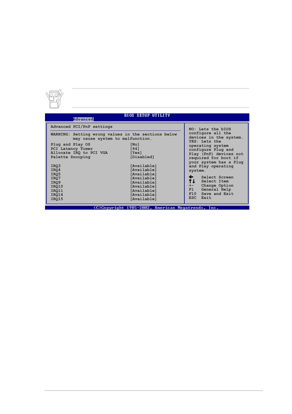 4 pci pnp, Plug and play o/s [no, Pci latency timer [64 | Allocate irq to pci vga [yes | Asus K8V User Manual | Page 91 / 144