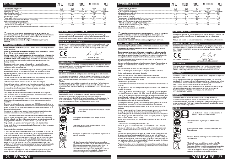 Portugues, Español | AEG PE 150 User Manual | Page 14 / 27