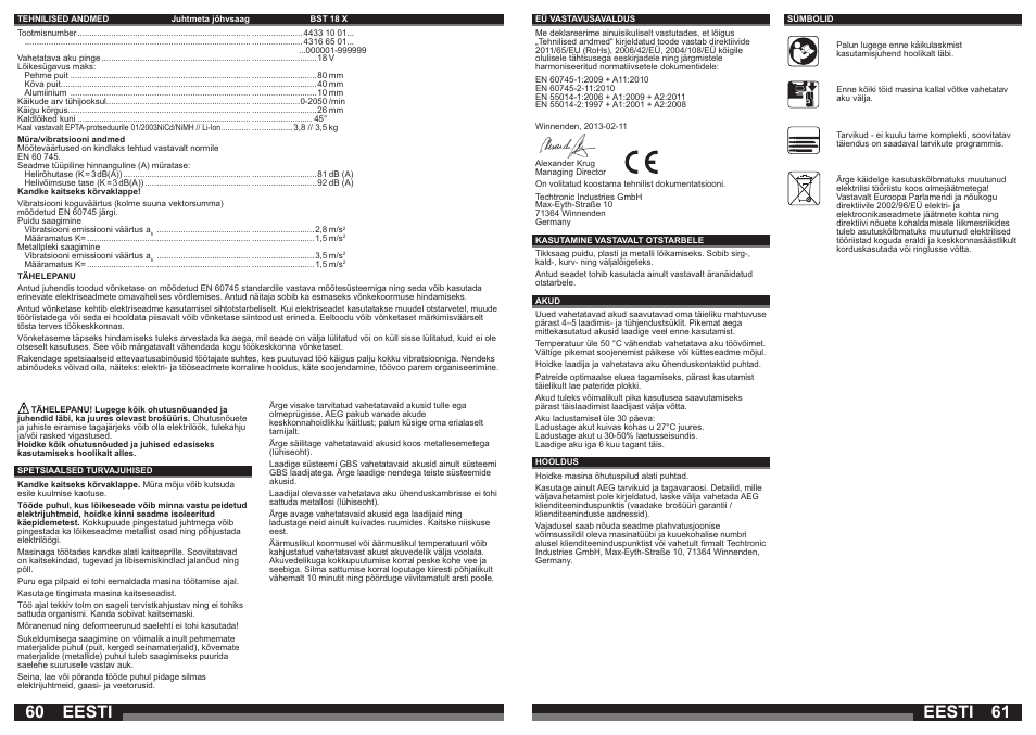 Eesti | AEG BST 18X User Manual | Page 31 / 39
